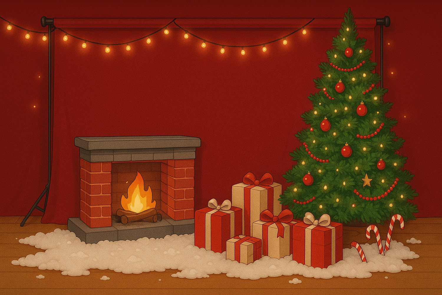 A cozy Christmas scene with a decorated tree, glowing fireplace, string lights, and wrapped presents on a red background.