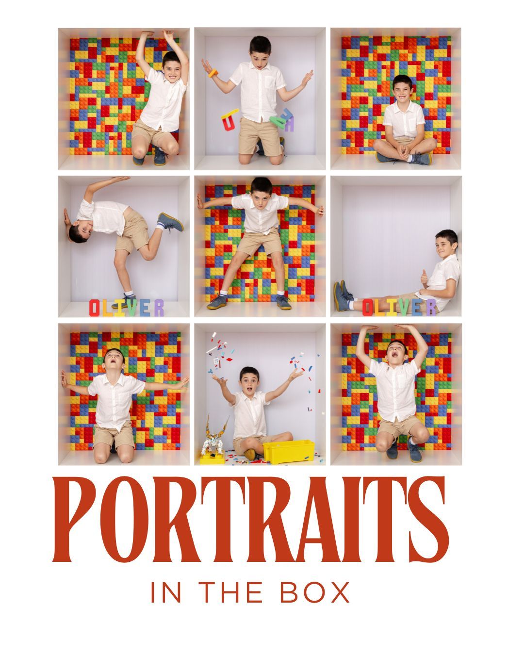 A festive photo collage with Christmas-themed portraits against red backgrounds and white boxes with decorative bows.