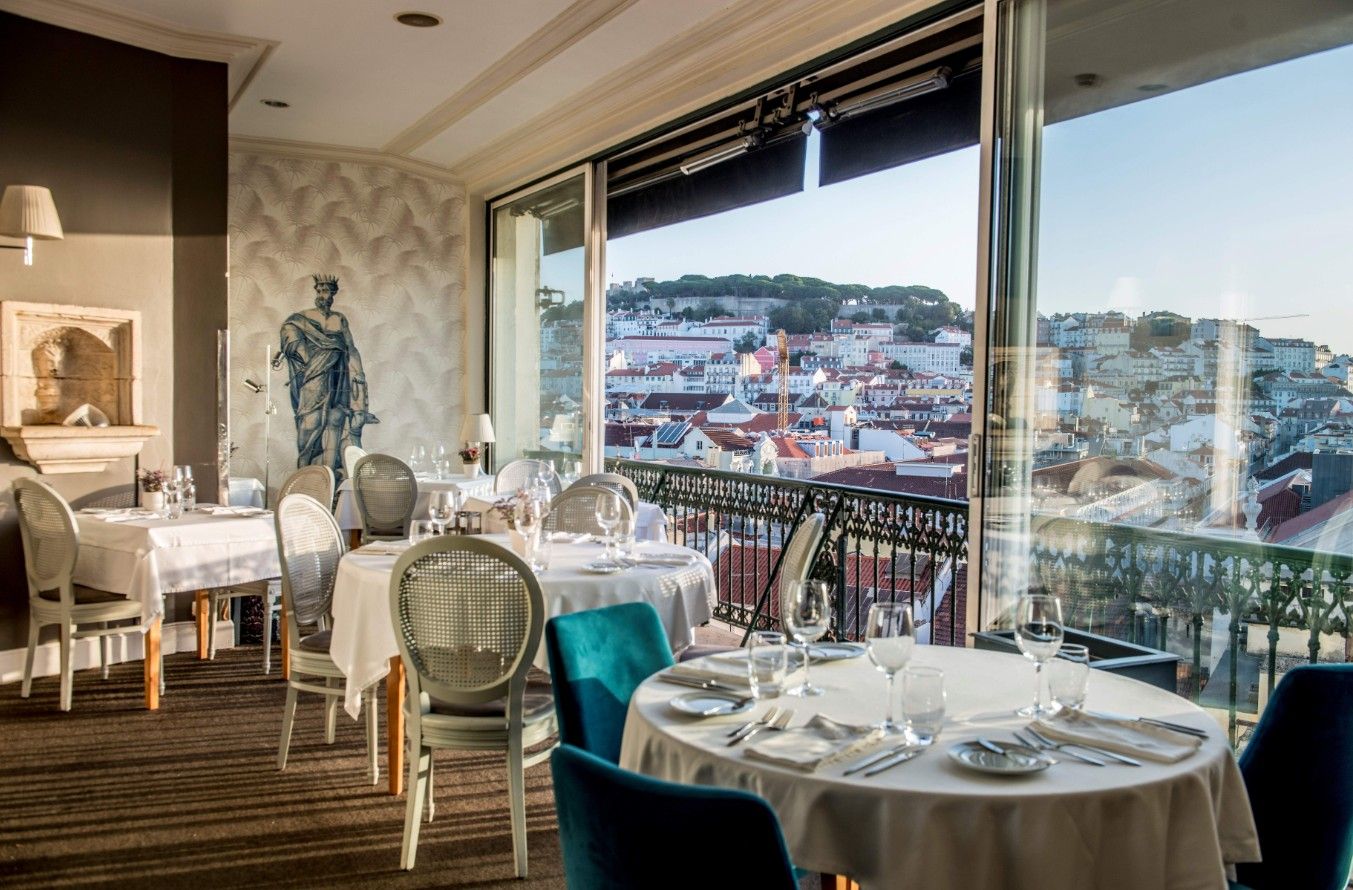 Panoramic collage of elegant restaurant dining rooms with white tablecloths and scenic mountain views through large windows.