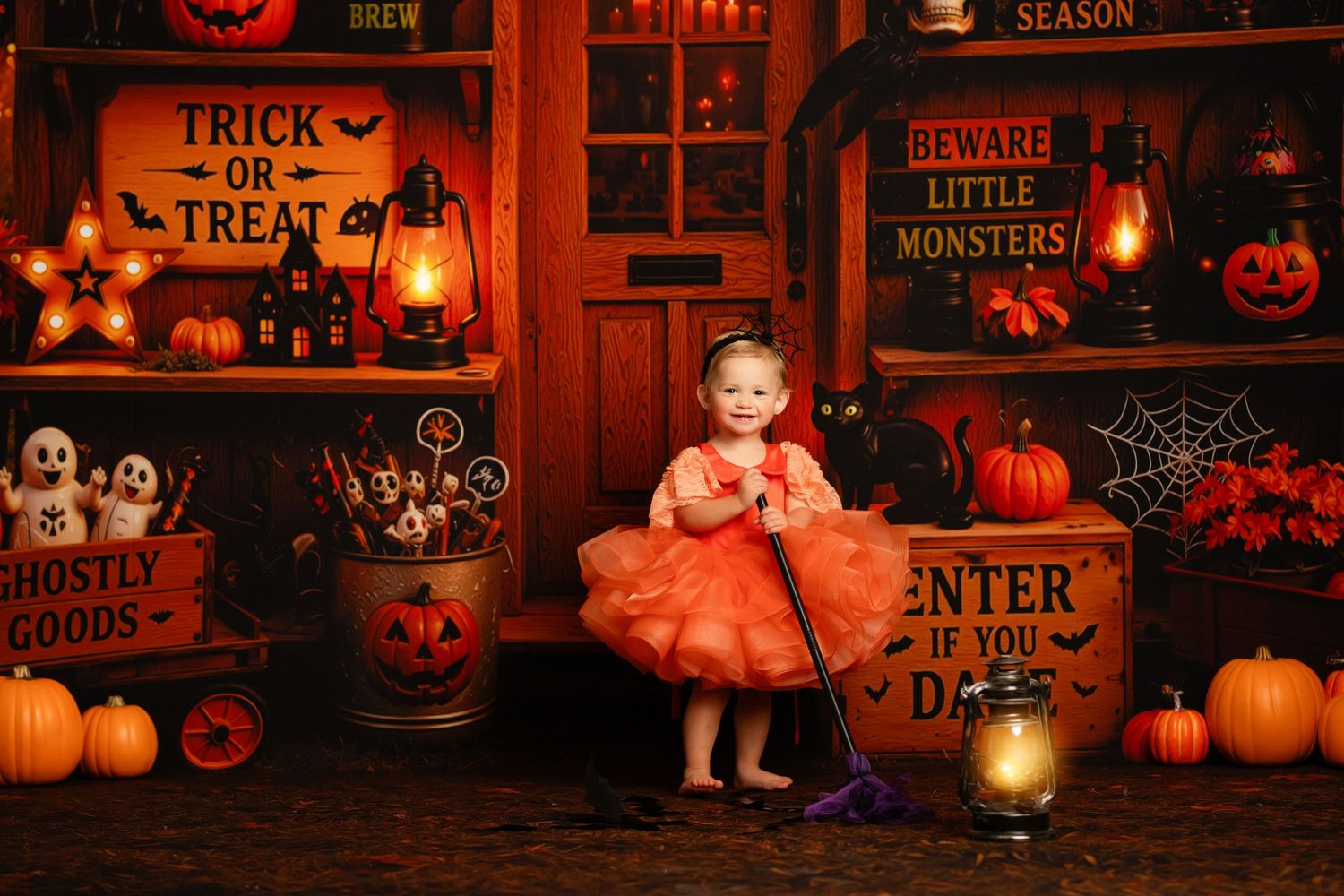 A young girl in an orange tutu poses with a broomstick in a festive Halloween-themed backdrop with pumpkins and spooky signs.