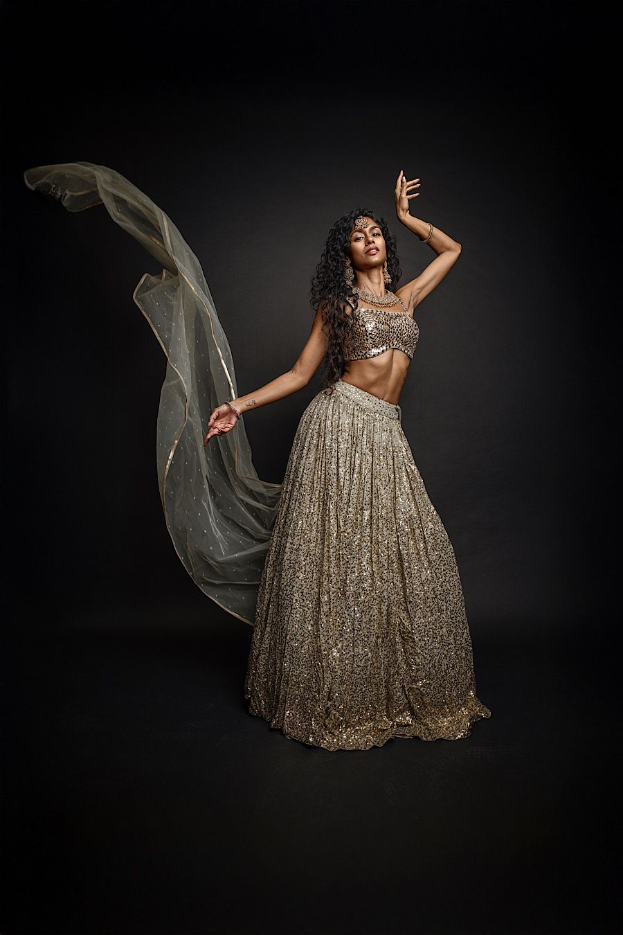 A figure in a flowing gold sequined gown poses dramatically against a dark background with billowing fabric.