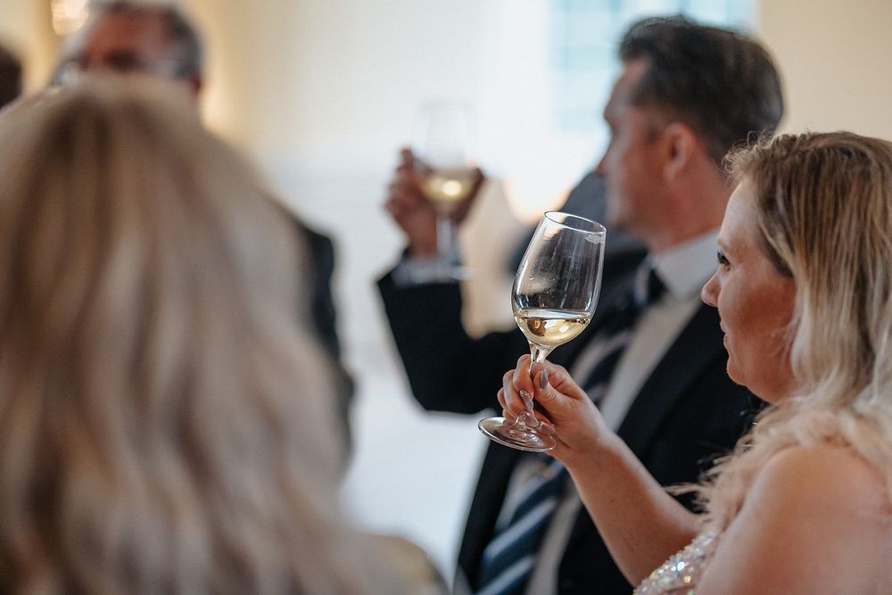 People enjoying wine and conversation at an elegant social gathering or wine tasting event.