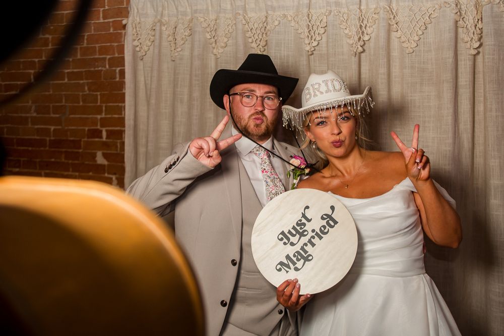 Fun photo booth shots with props and playful poses against white backdrop.