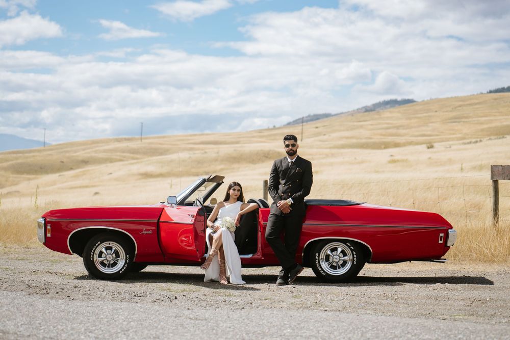A series of photos showing a classic red convertible sports car parked in a scenic desert landscape with mountains in the distance.