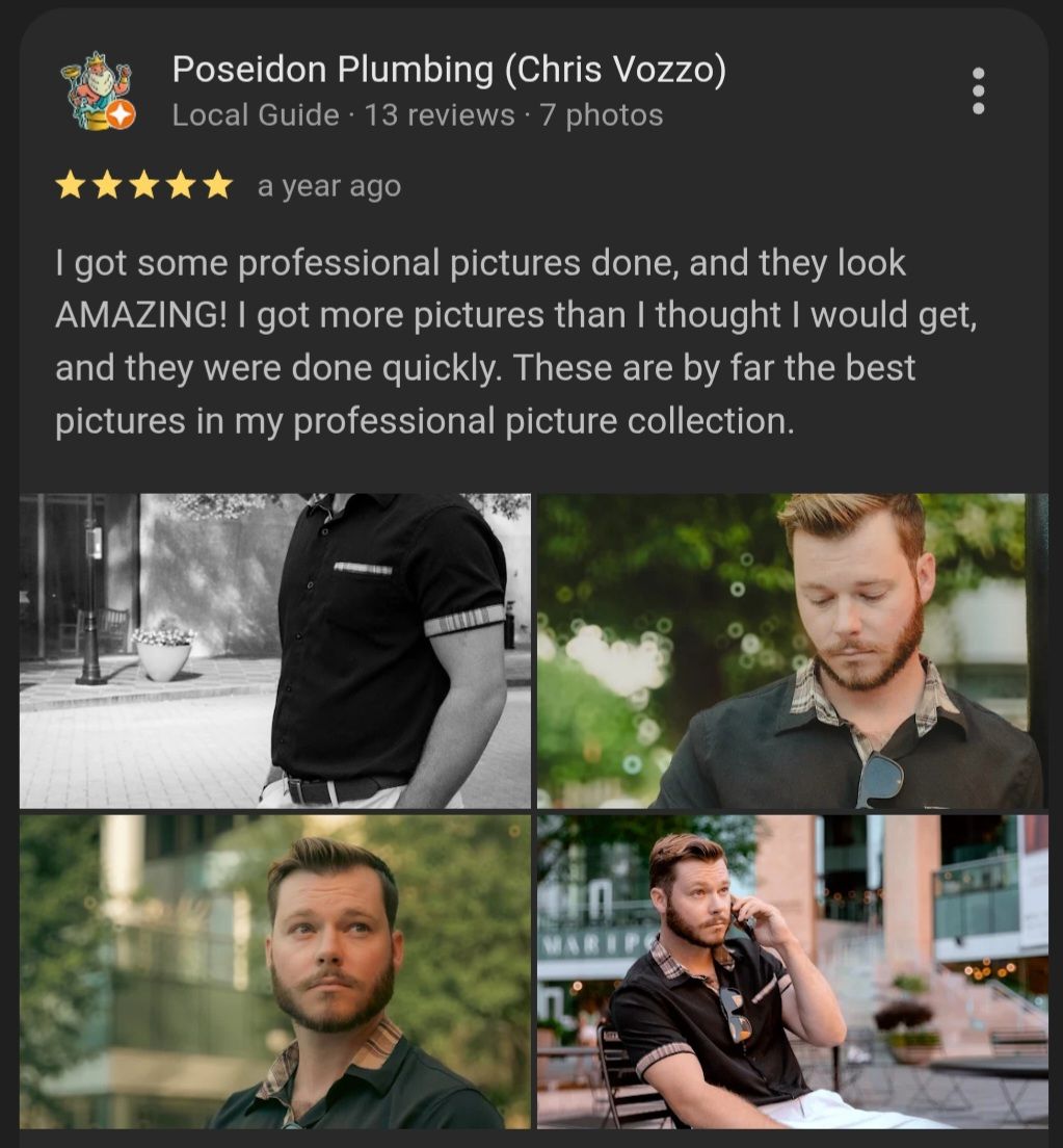 Professional headshots and portraits showing various poses and lighting setups in a photography studio setting.