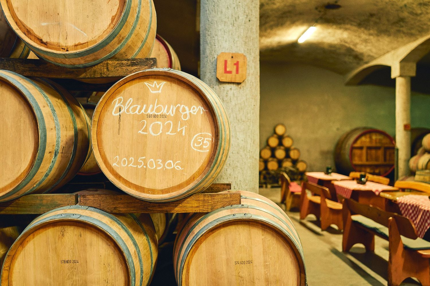 Large wooden wine barrels stacked in rows inside a dimly lit traditional wine cellar.