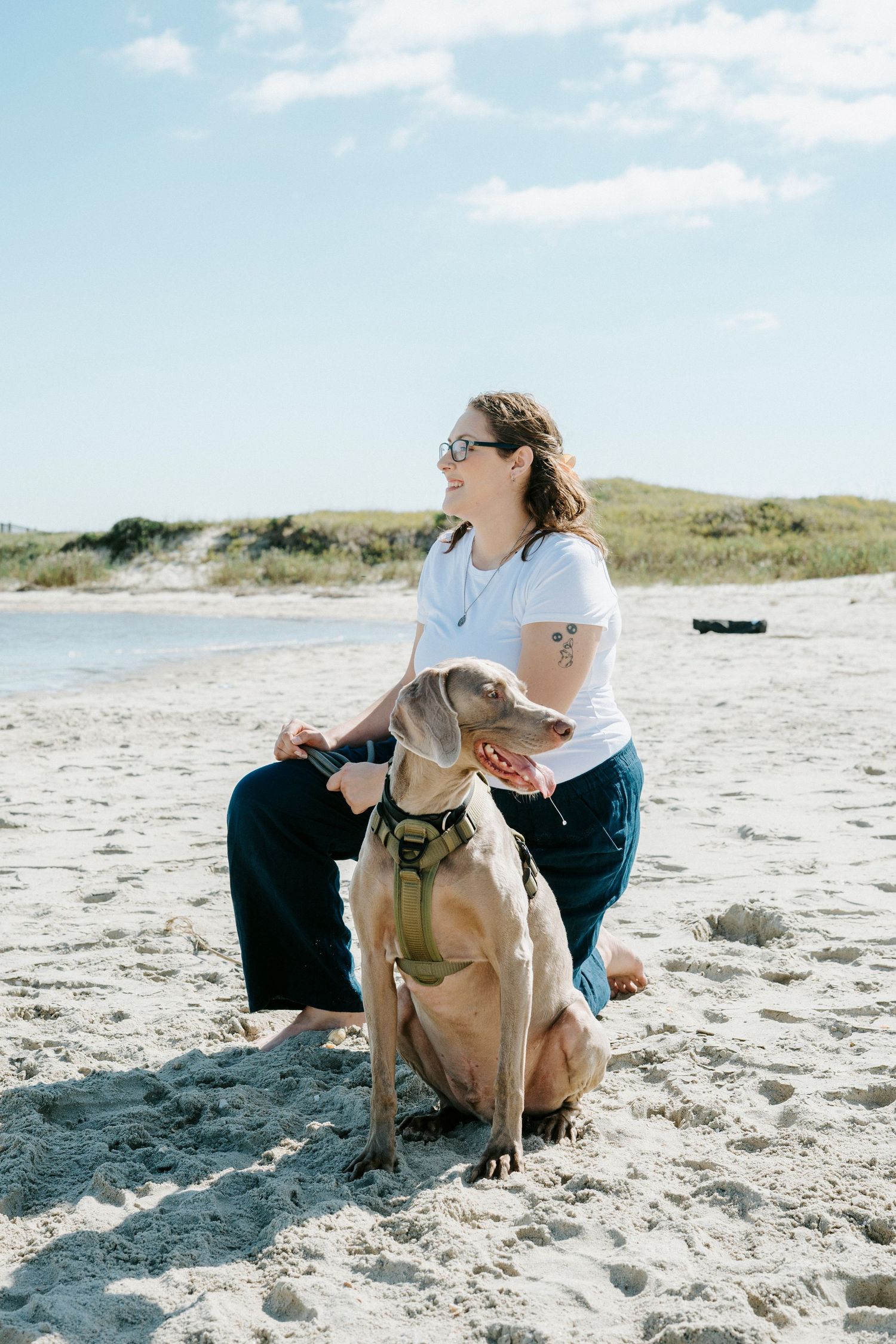 A person sits with their dog on a sunny beach while enjoying a peaceful moment by the ocean.