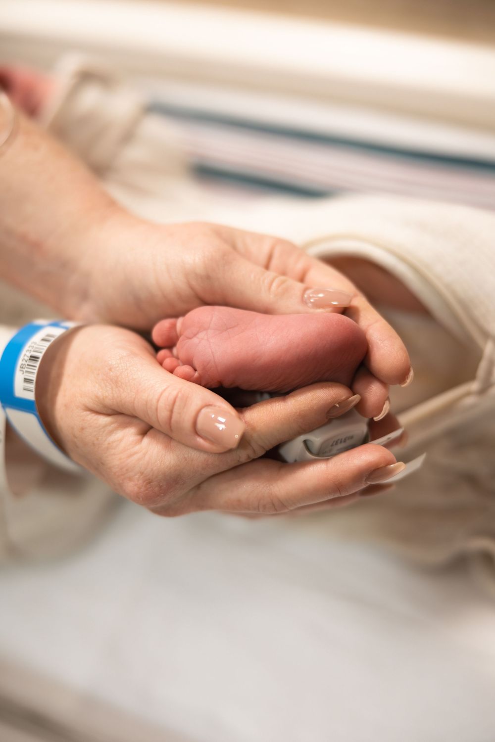 Adult hands with hospital bracelet gently cradling tiny newborn baby feet in a hospital setting.