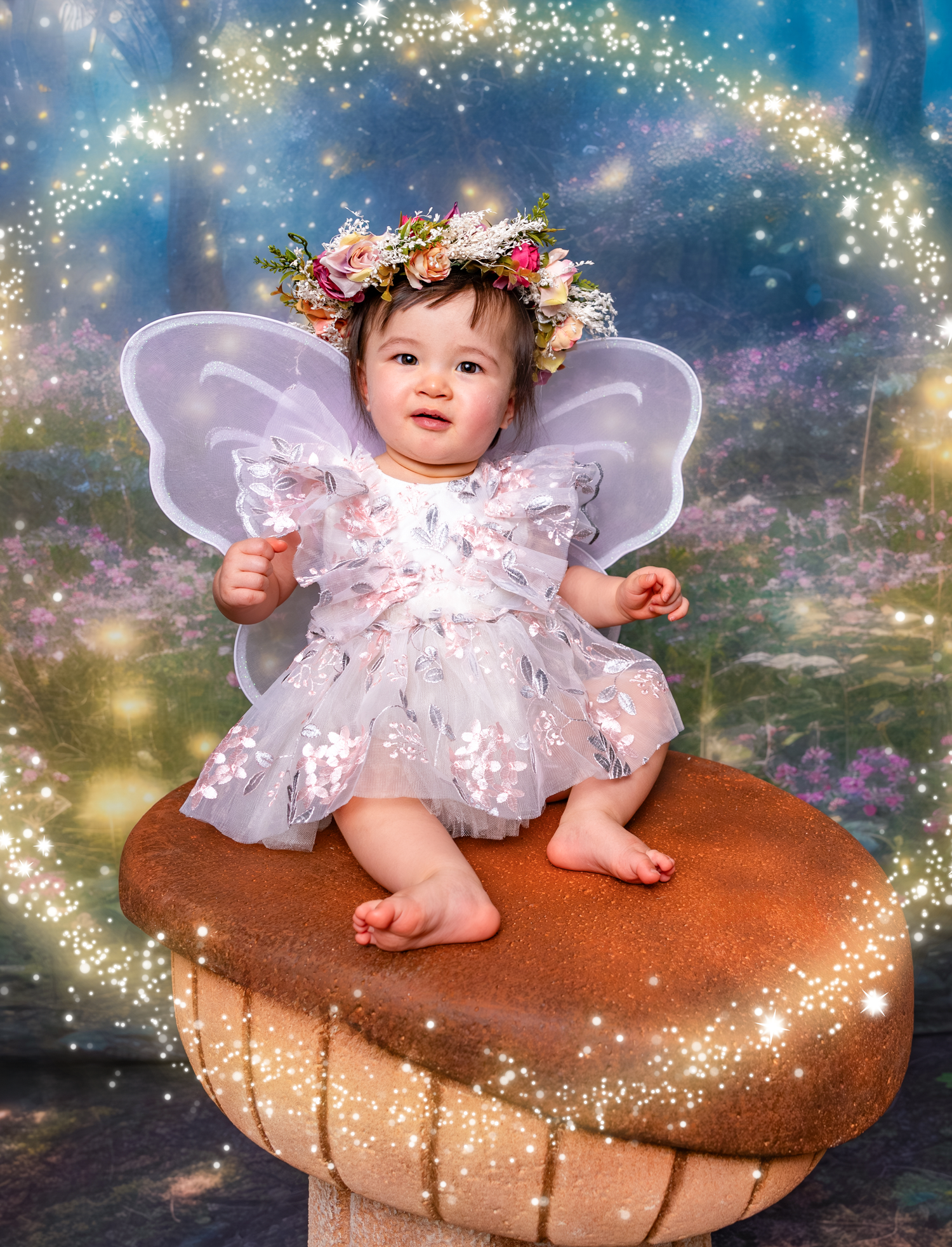 Baby in fairy costume sitting on mushroom prop against magical starry backdrop.