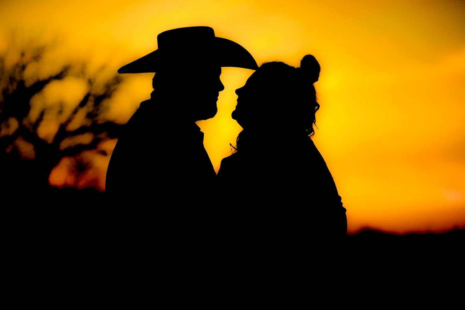 Silhouette of two figures wearing cowboy hats against dramatic orange sunset background.