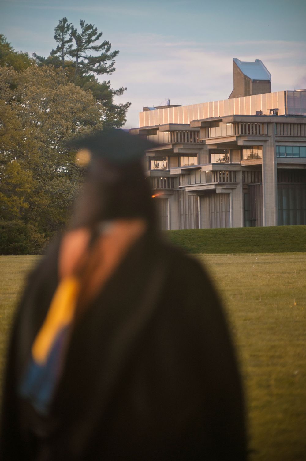 Mid-century modern building set on grassy lawn with trees at dusk creating a minimalist architectural silhouette.