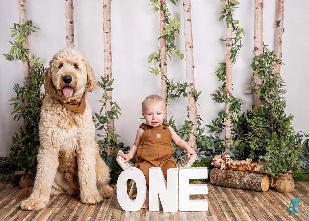 A first birthday photo with a friendly goldendoodle and white 'ONE' letters against a birch backdrop.