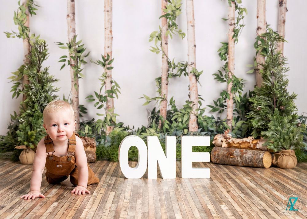 A rustic first birthday photo setup with white 'ONE' letters and woodland-themed decorations.
