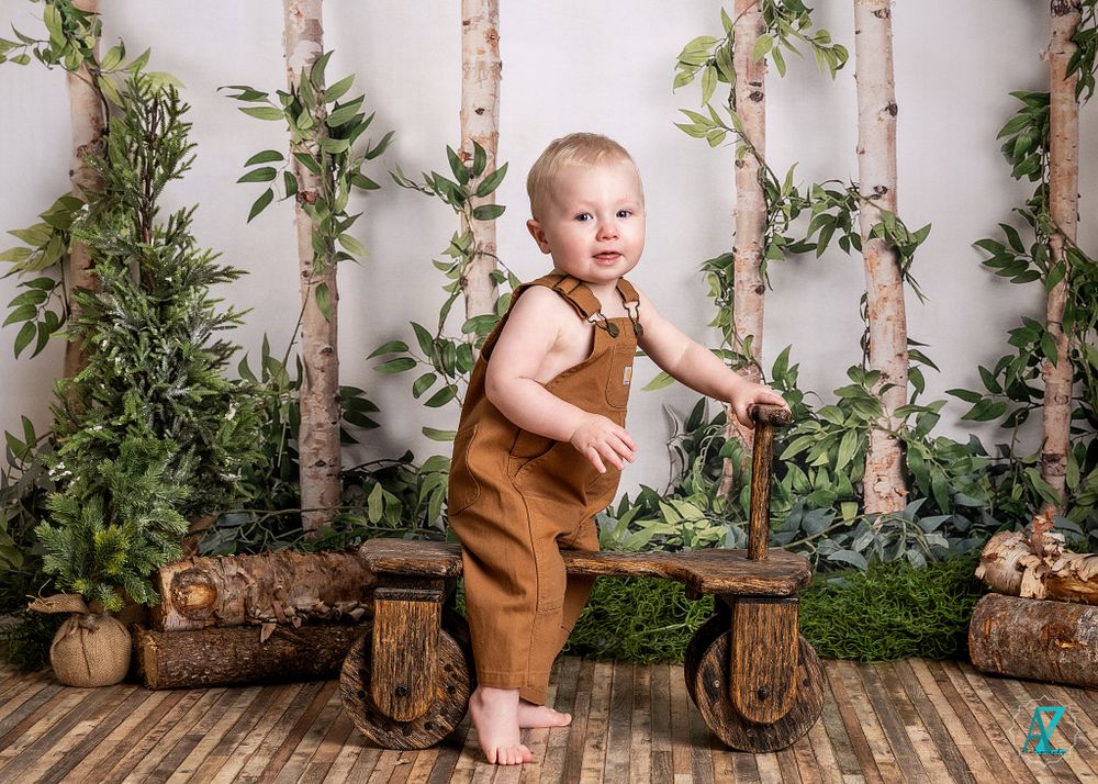 Child in brown overalls plays on wooden bench with birch trees and greenery backdrop.