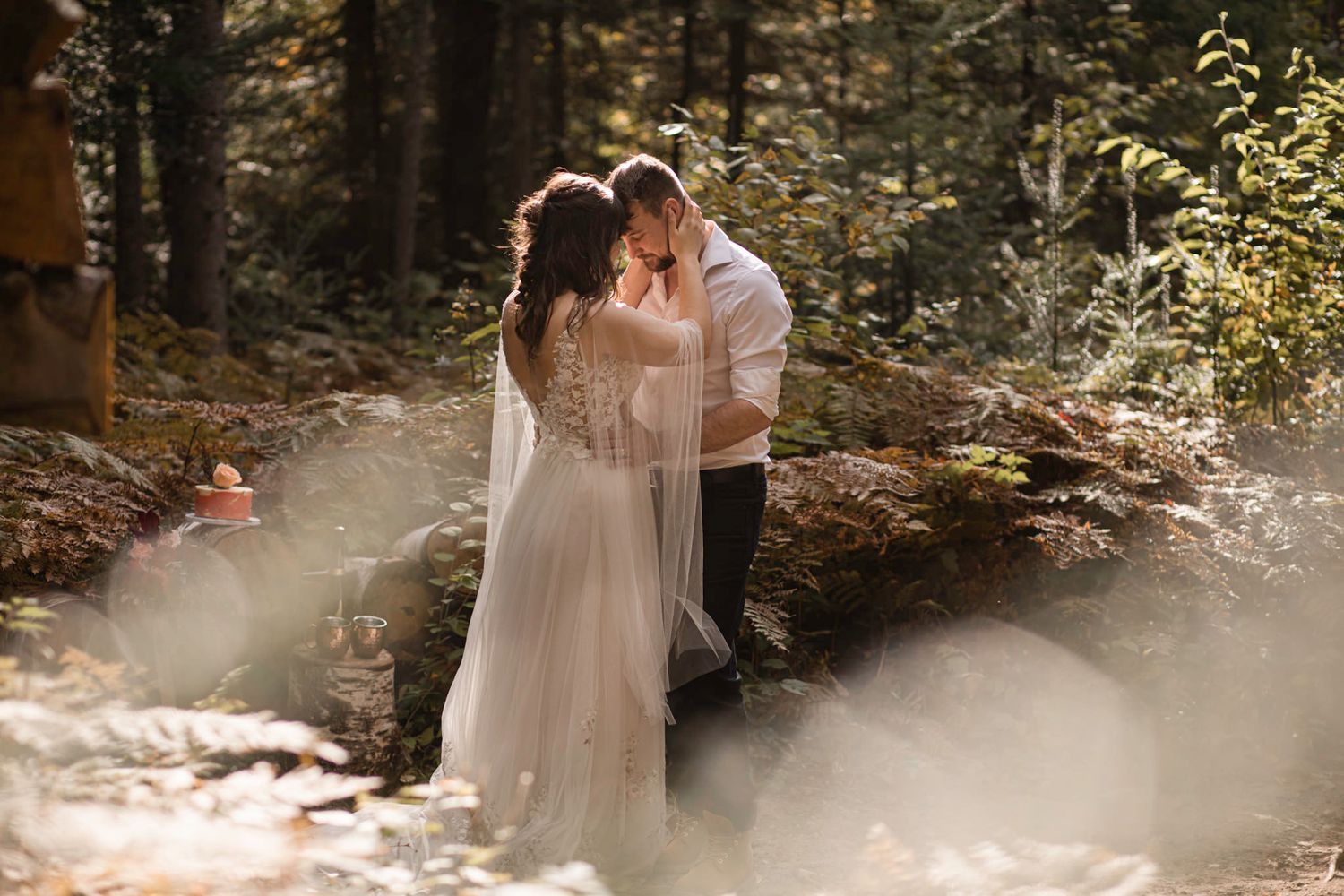 Eloping couple stands in the forest, in a ray of light, during an intimate moment in Mont Tremblant, Quebec, Canada.