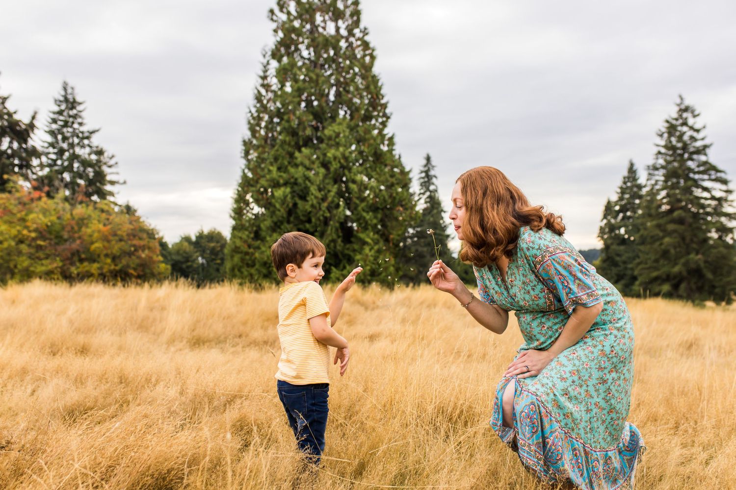 Seattle photographer capturing mothering blowing dandelion puffs to her son.