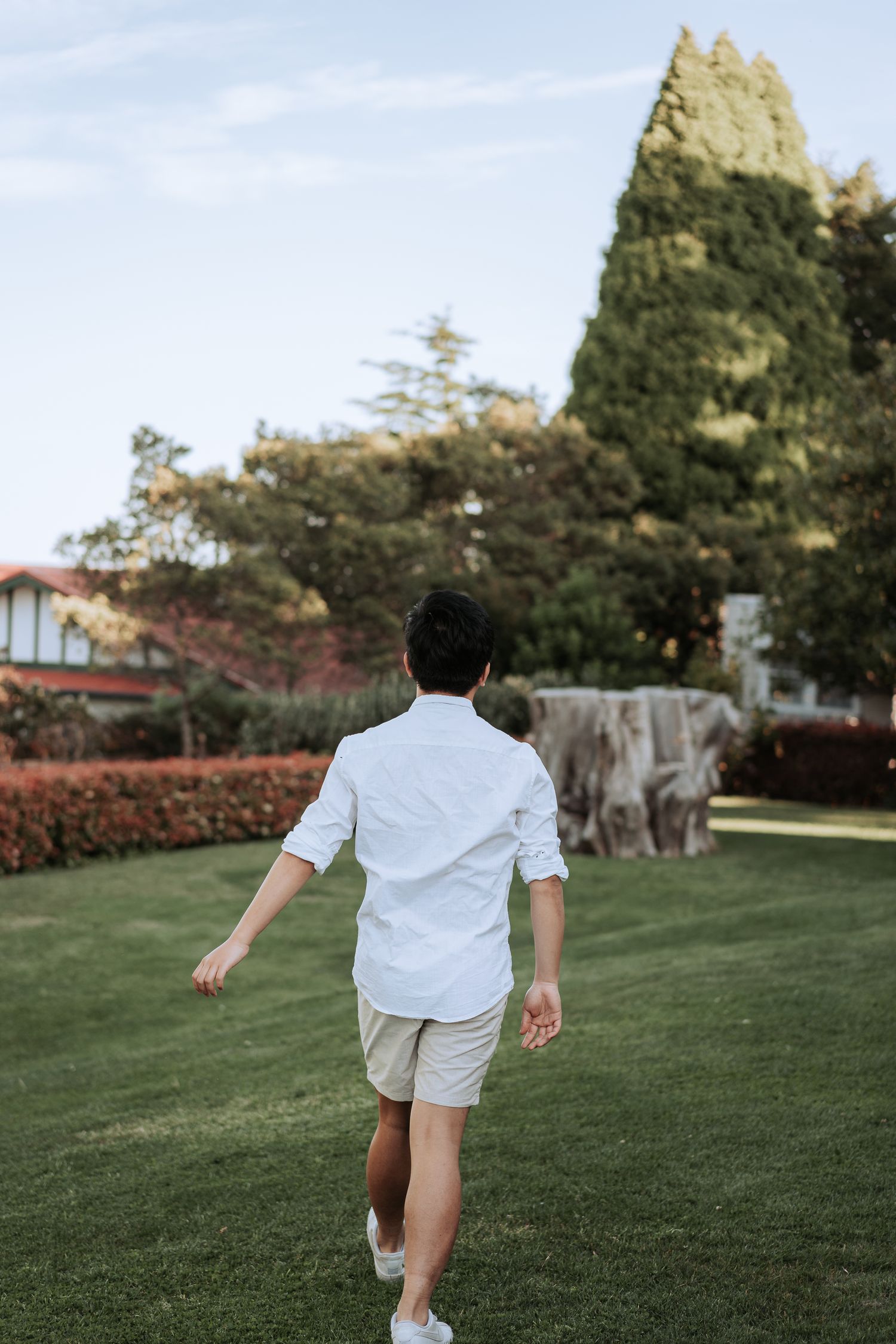 A person in white clothing walks across a manicured lawn with tall cypress trees in the background.