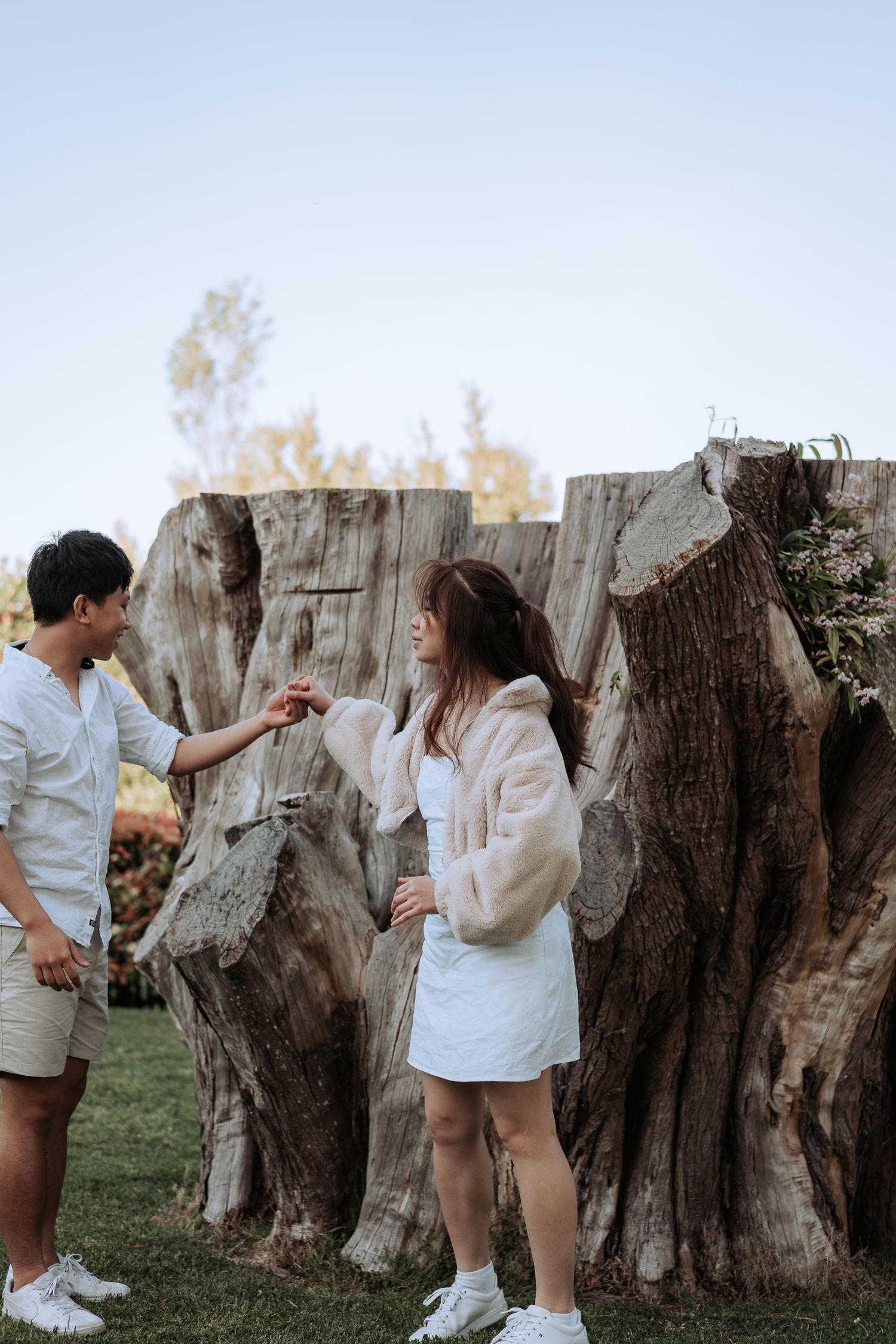 A couple shares a romantic moment while standing by a large tree stump in a garden.