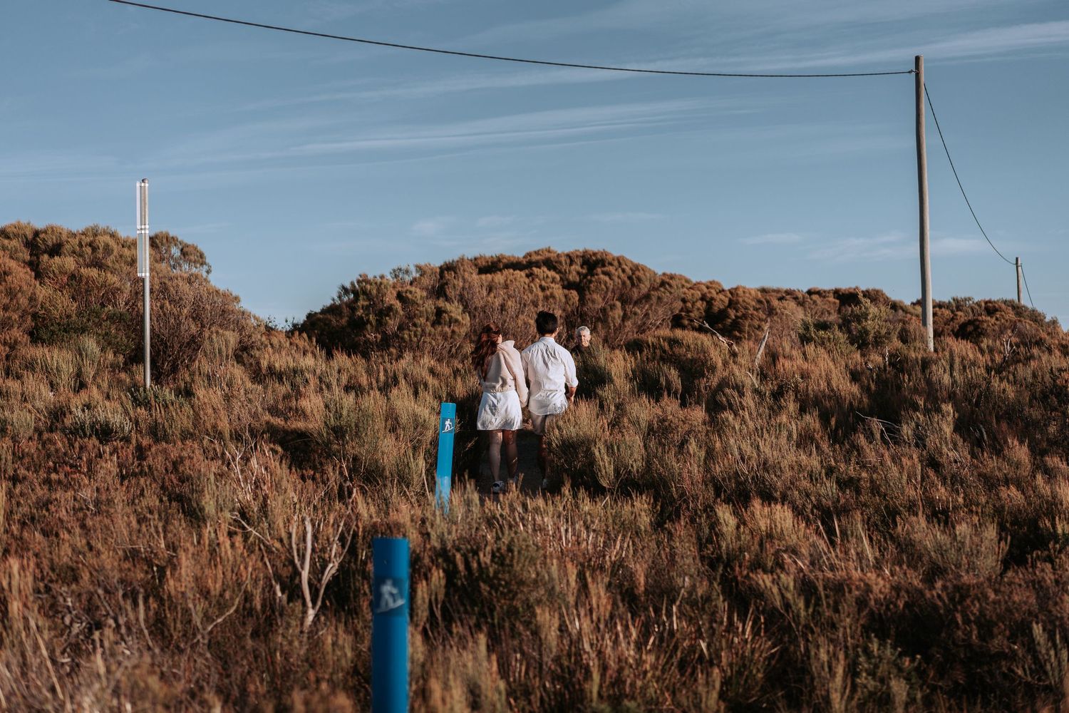 Two people stand together on a hillside trail with blue posts and power lines.