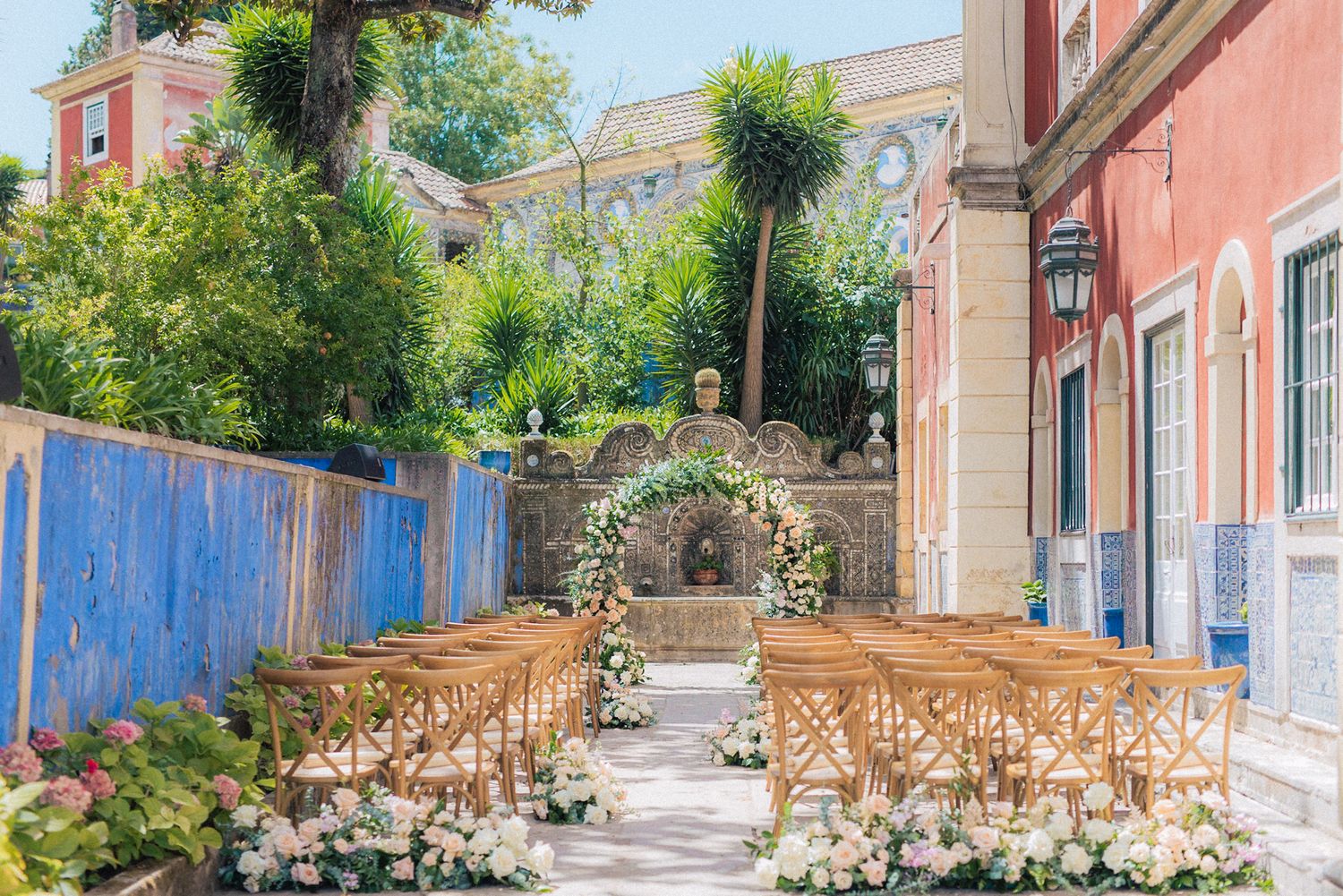 Outdoor wedding ceremony setup at fronteira palace in sintra. captured by a destination wedding photographer in Portugal
