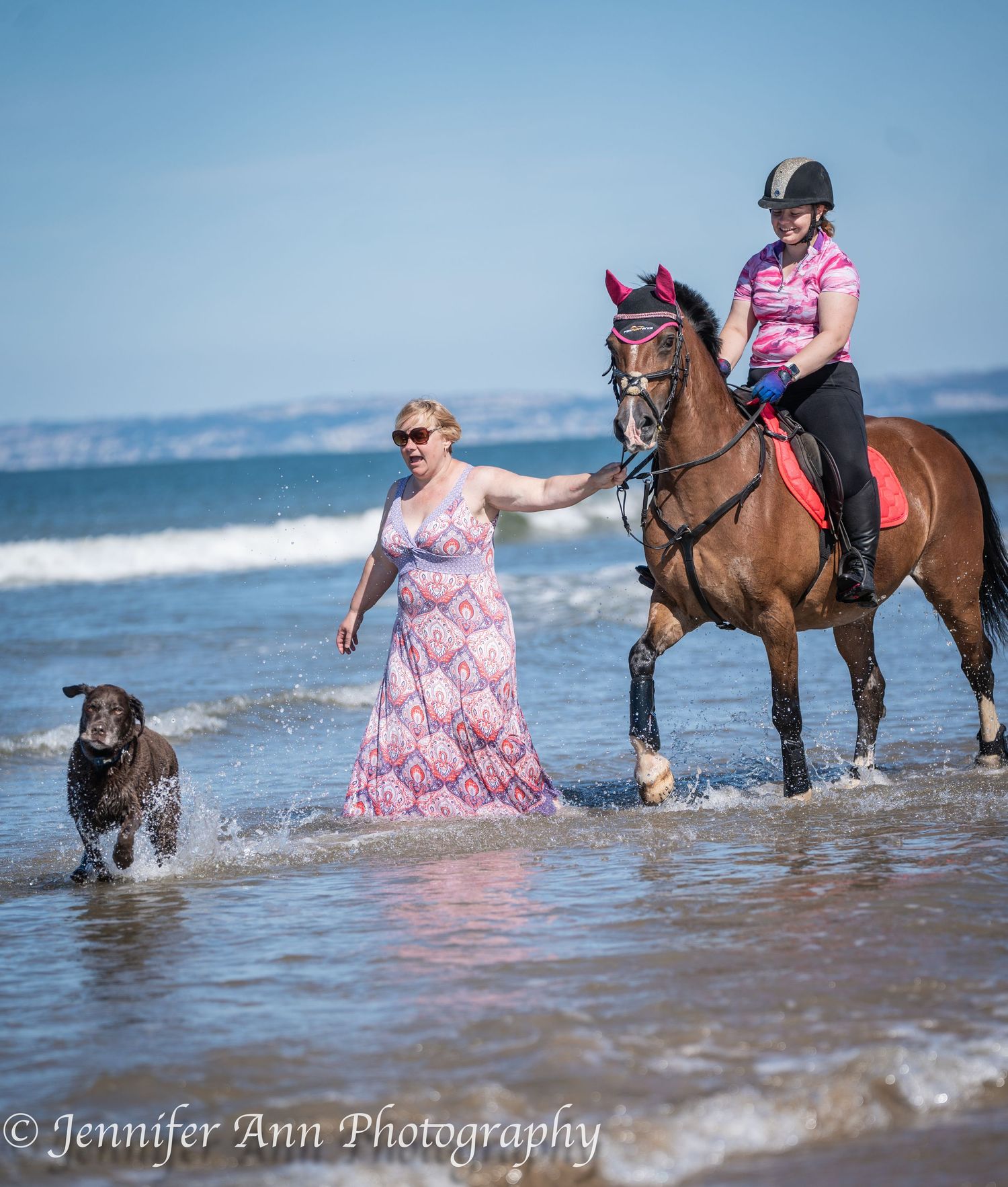 People riding horses along the beach shoreline with a dog splashing in the ocean waves.