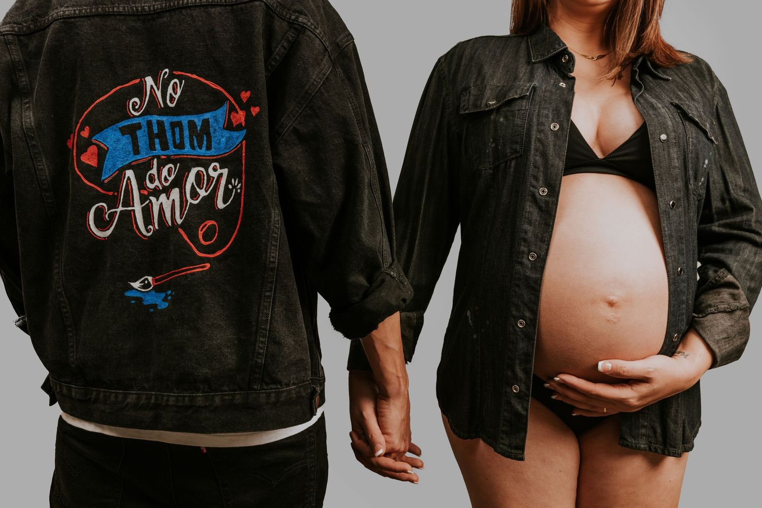 A series of maternity photos showing a pregnant belly, hands holding, and custom denim jackets with decorative text designs.