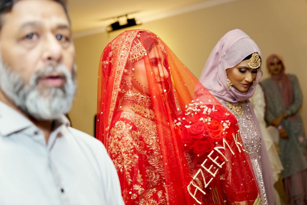A collage of wedding scenes showing traditional Indian bride in red and gold attire during the ceremony. at Antuns by Minar