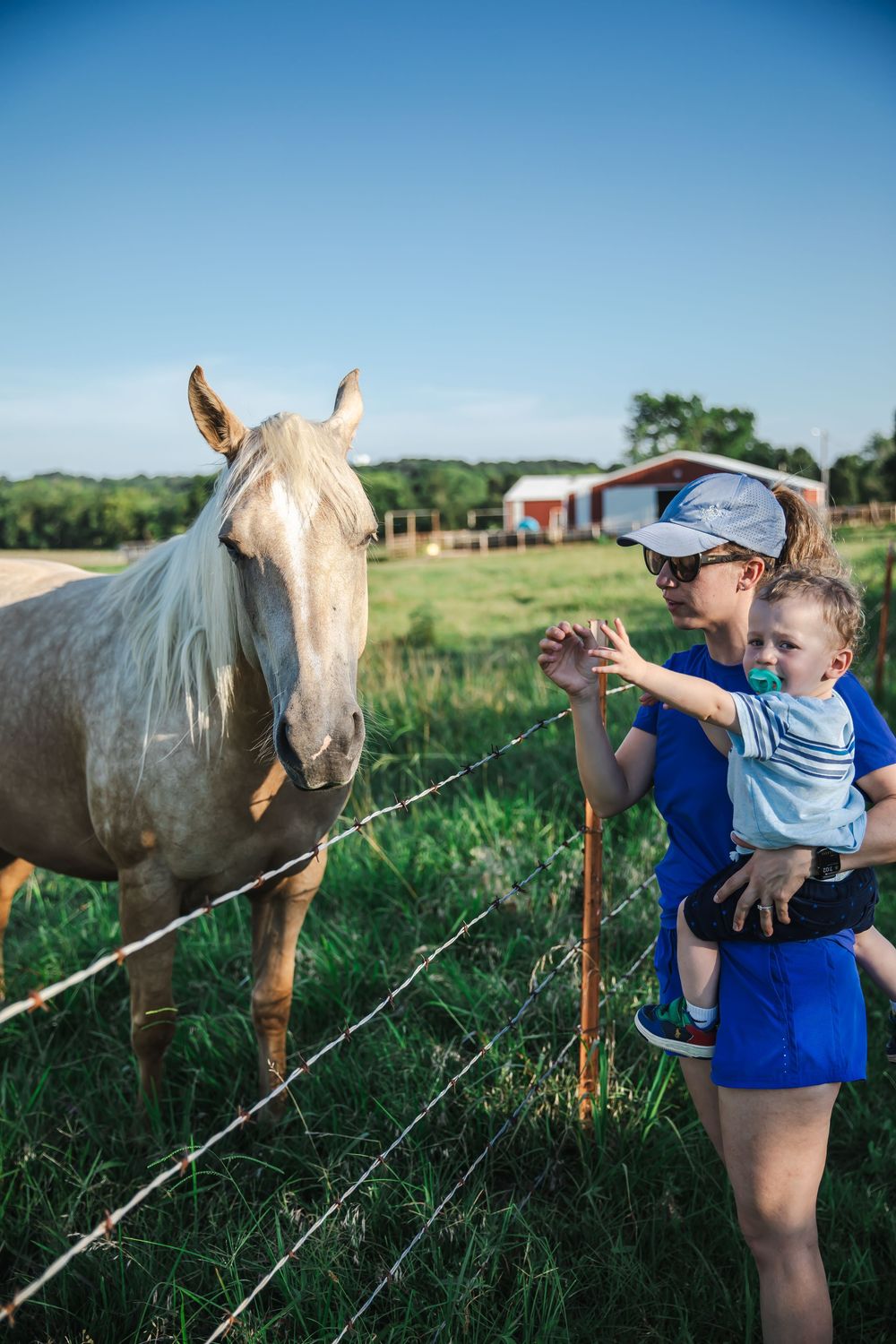 Mom and son checking out horses