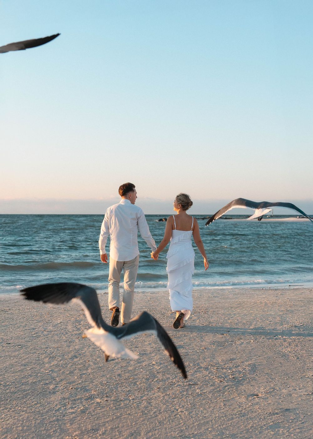 Surprise proposal on Honeymoon Island, Florida with seagulls at sunset by a Florida proposal photographer.