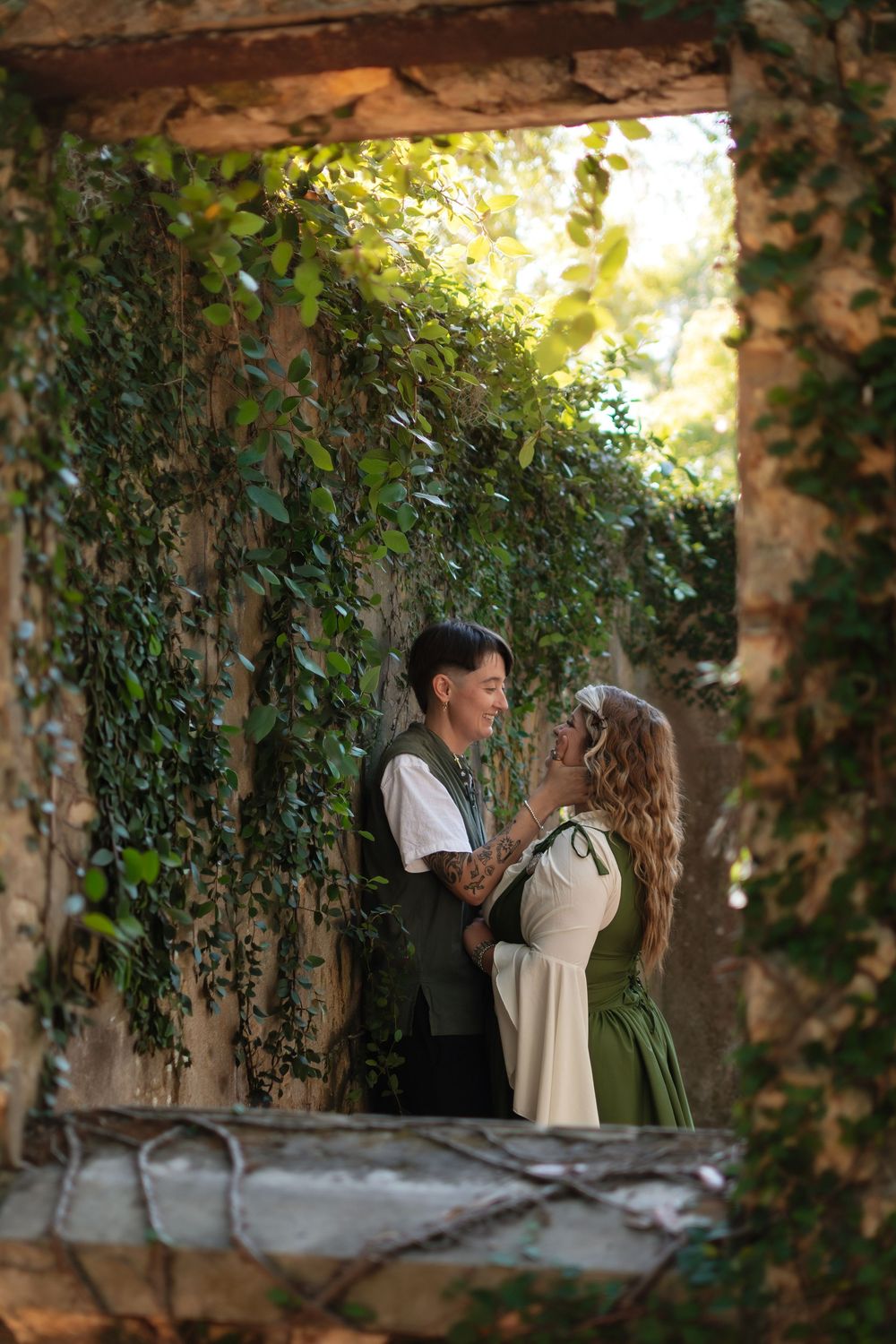 LGBTQ+ couple walking together in Lutz, Florida during a romantic outdoor portrait session.