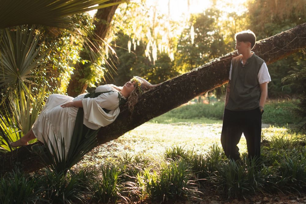 Lesbian couple portrait in Lutz, Florida during a fantasy-inspired couples photography session.