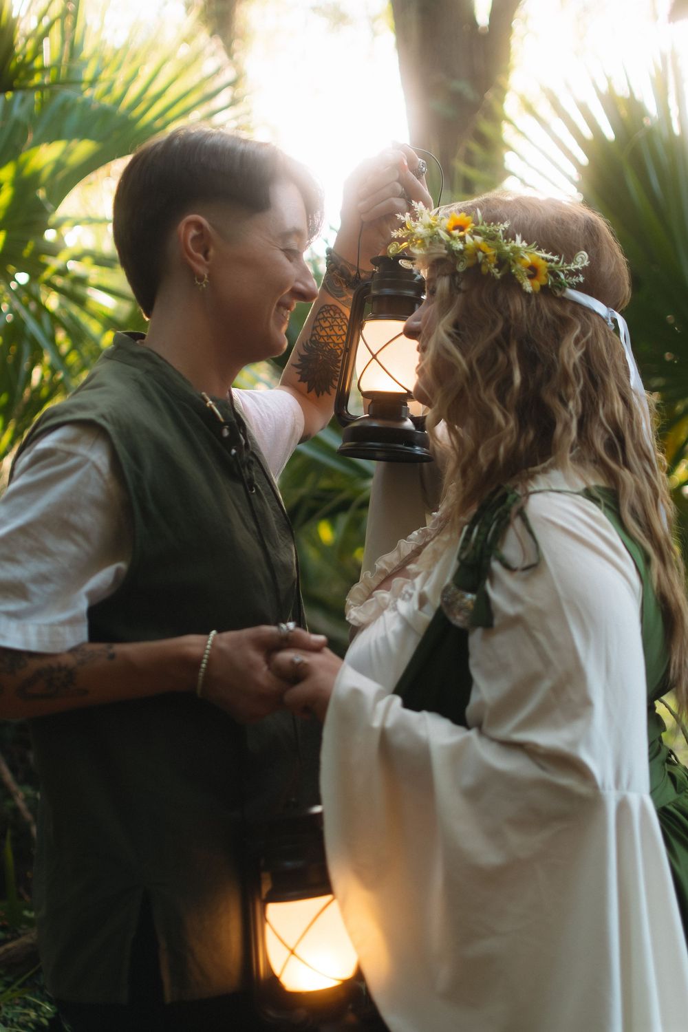 LGBTQ+ couple embracing in Tampa, Florida during a renaissance-inspired portrait session.