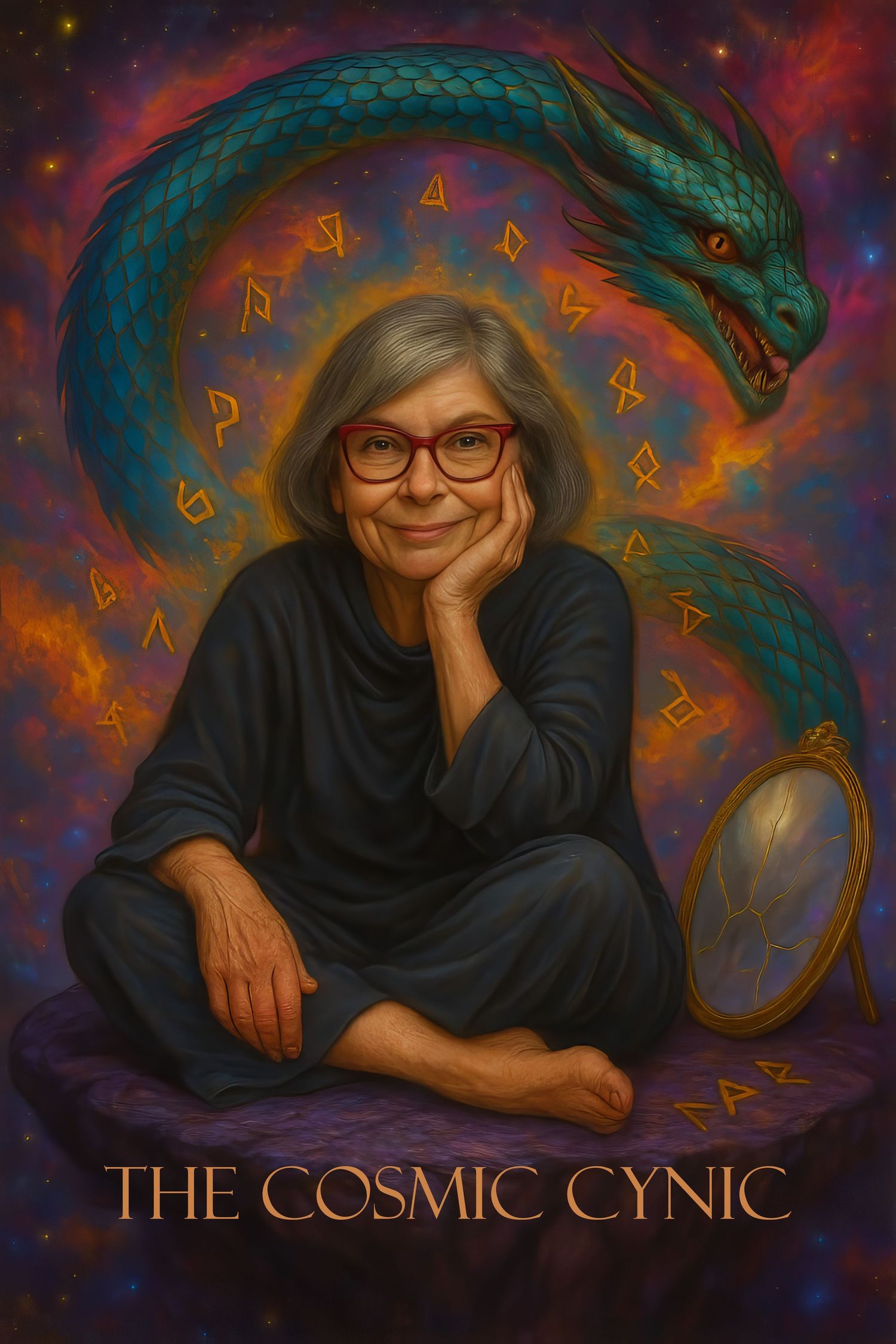 Fantasy artwork shows a mystical blue dragon and runic symbols floating around a figure in black against a cosmic background.