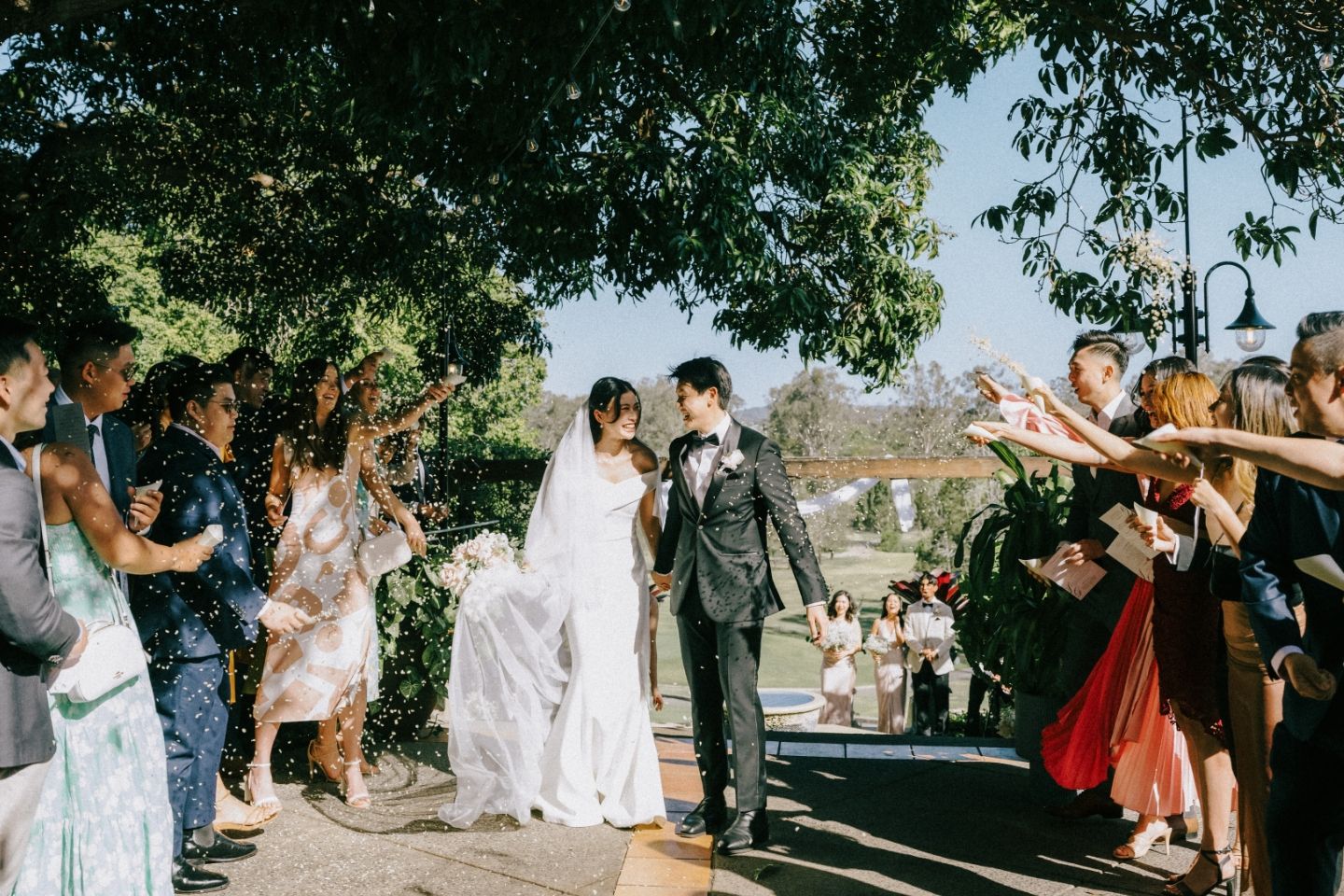 Bride and groom share a kiss while guests toss confetti during outdoor wedding ceremony under sunny trees.