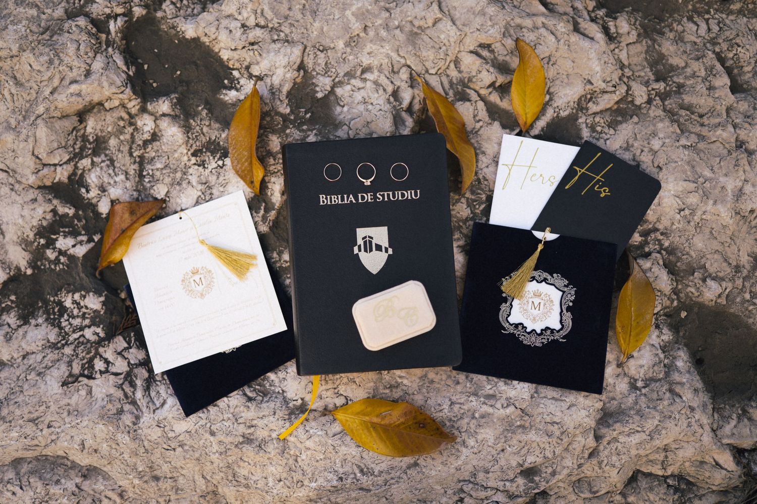 Black and white study Bible set with gold tassel bookmark and decorative medal displayed on stone surface with autumn leaves.
