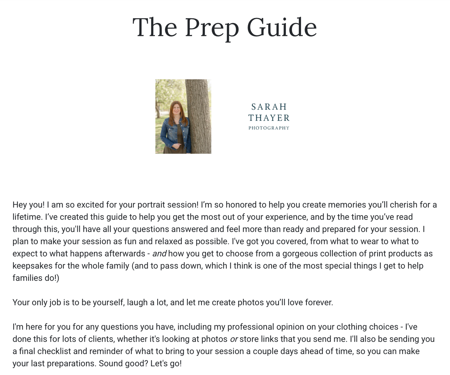 Family photo session prep guide and outfit planning resources from Sarah Thayer Photography: welcome page & text