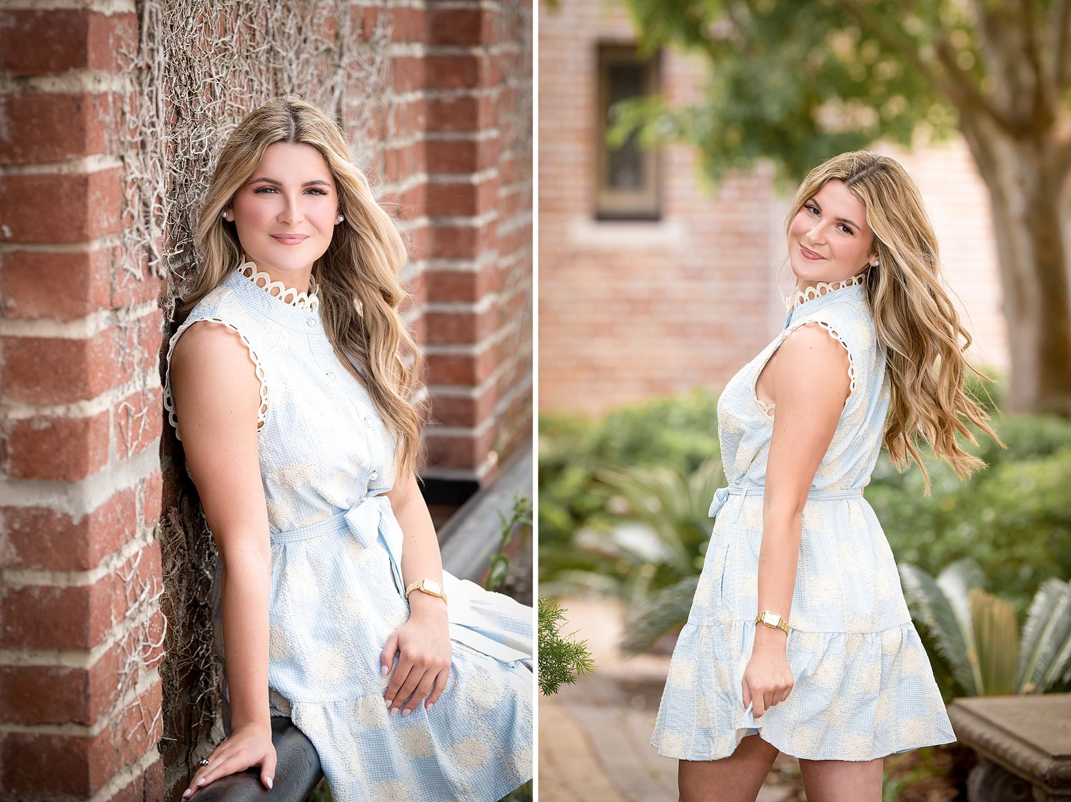 Young woman in light blue floral dress poses against brick wall and garden backdrop in professional portrait photos.