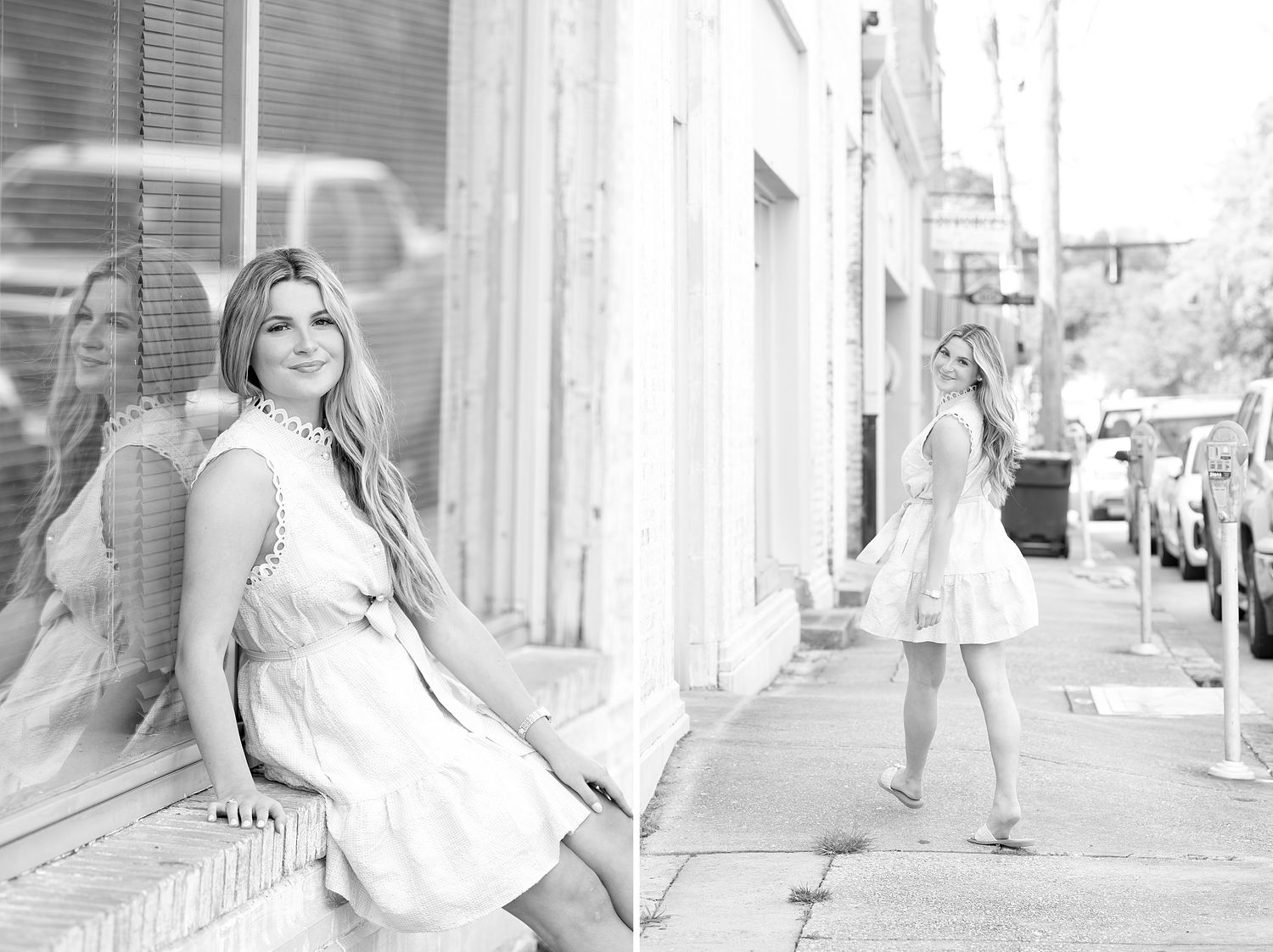 Black and white diptych of a blonde woman in a white dress posing on a sunny urban sidewalk.