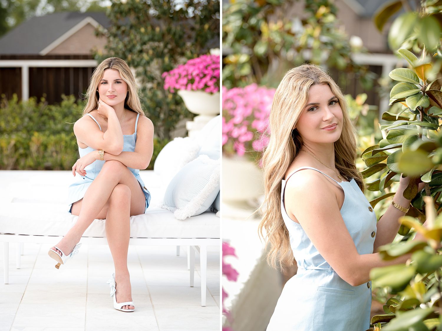 Blonde woman in light blue dress poses outdoors near pink flowers and white patio furniture for senior portrait photos.