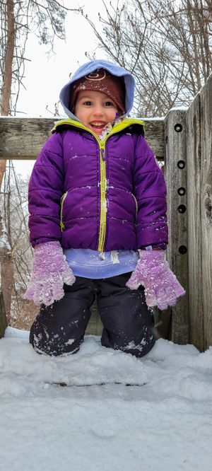 Happy toddler in purple winter jacket and pink mittens playing in the snow outdoors.