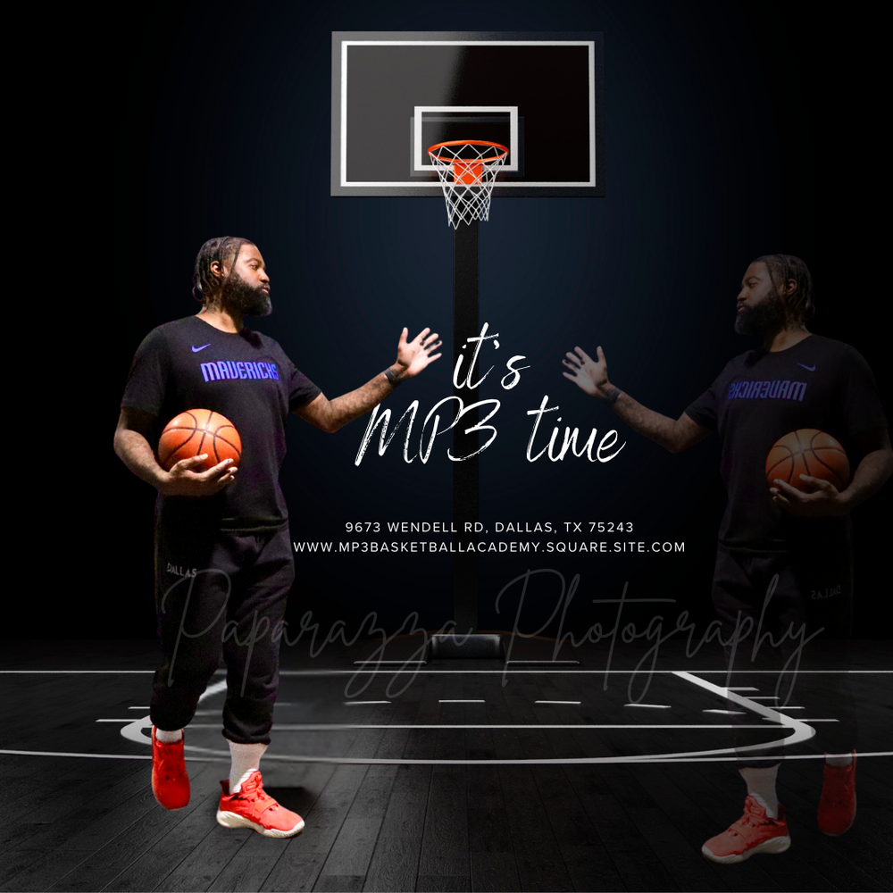 Two men holding basketballs on a court with text reading it is MP3 time.