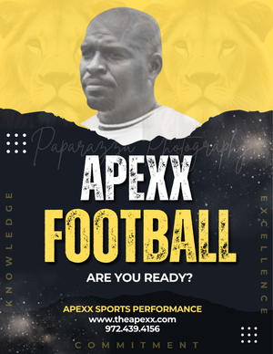 A black and gold Apexx Football sports performance promotional flyer featuring a man in a white shirt.