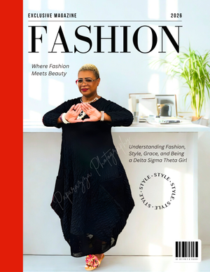 A woman in a black dress poses on a Fashion Magazine cover with the theme Where Fashion Meets Beauty.