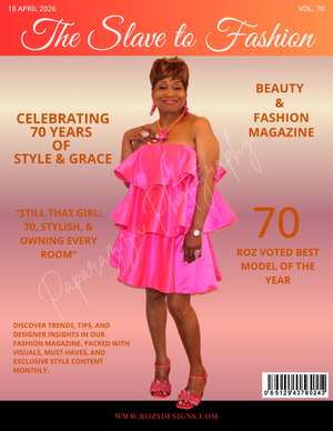 A woman in a pink ruffled dress is featured on The Slave to Fashion magazine cover celebrating 70 years.
