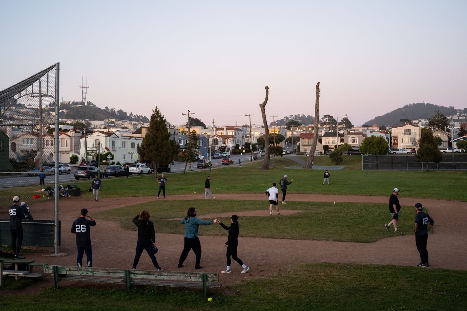 Misty San Francisco park at dusk with tall trees, green lawn, and residential buildings under overcast skies.