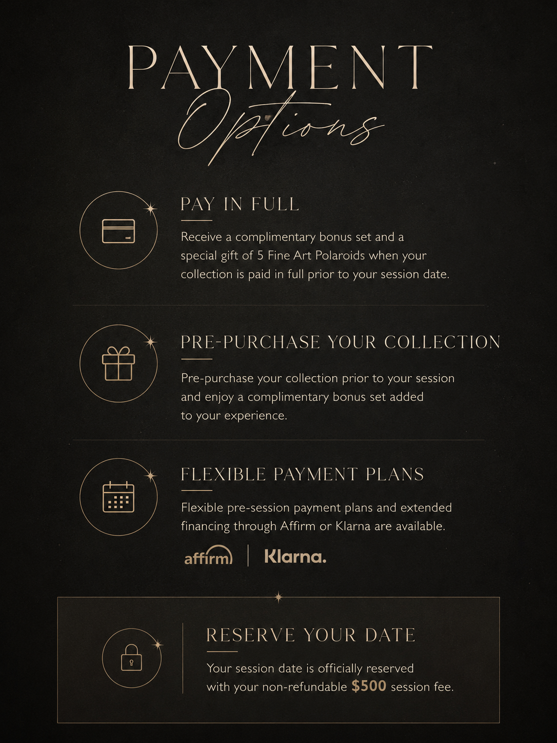 Luxury photography collections price list featuring Muse, Starlet, Icon, and Legend packages ranging from $1700 to $6500.