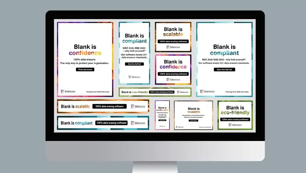 A computer monitor displaying multiple colorful banner ad designs with compliance and confidence messaging for a financial brand.