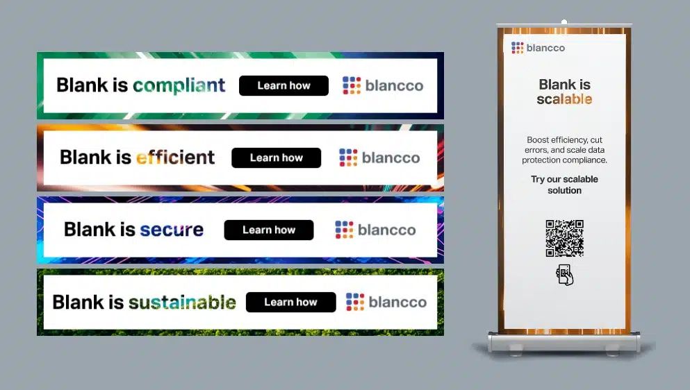 Blancco digital banner ads showcasing compliant, efficient, secure, and sustainable data erasure solutions with learn how CTAs.