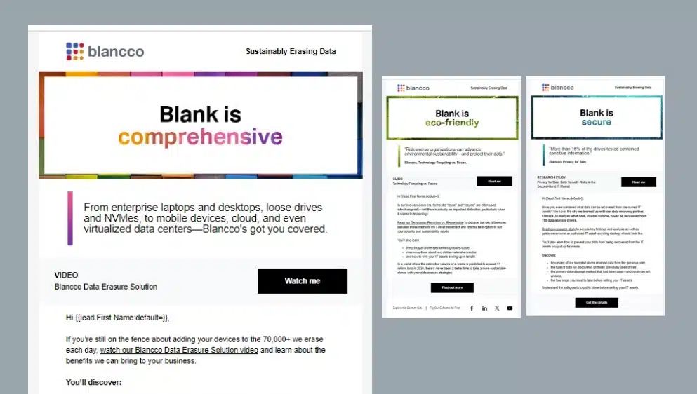 Blancco sustainability email campaign showcasing comprehensive data erasure solutions for laptops, mobile devices, cloud, and data centers.