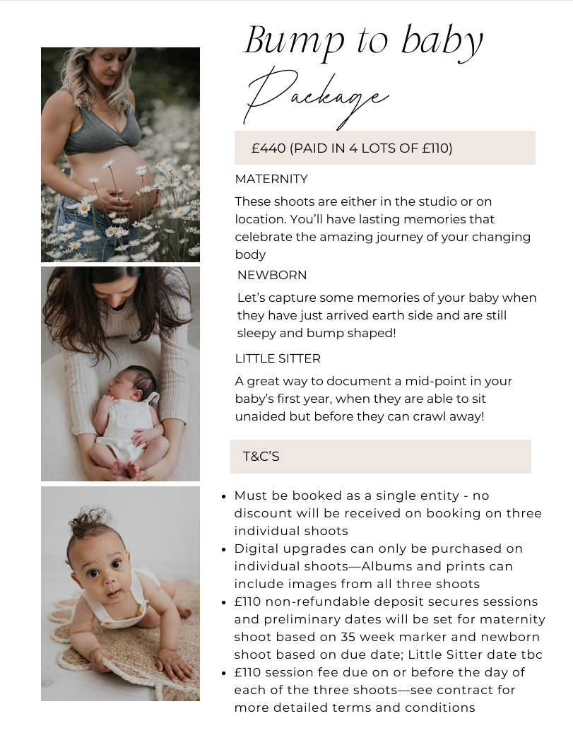 Bump to Baby photography package flyer showing maternity and newborn shoot details for New Born Photographer in Cornwall